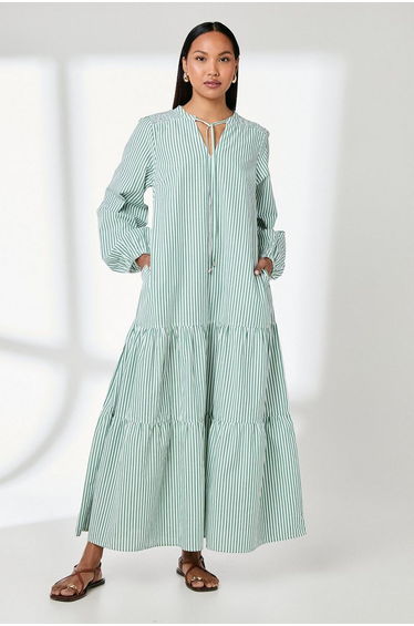 Stripe Tie Front Blouson Sleeve Maxi Dress