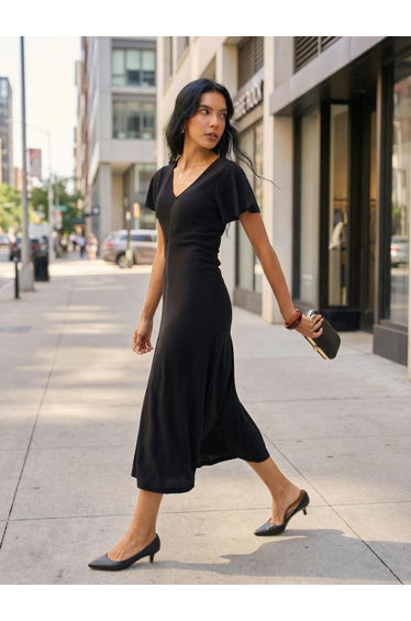 Black Textured Frill Sleeve Midi Dress
