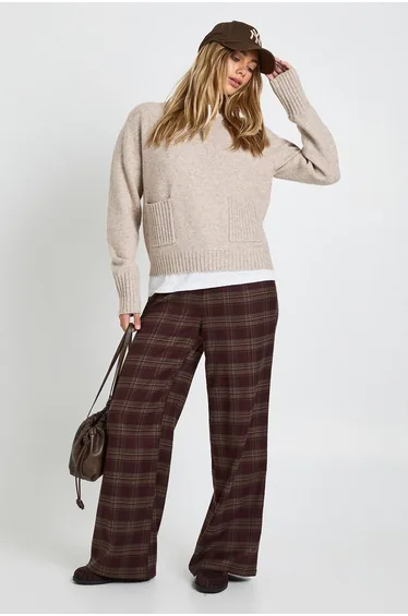 V Neck Pocket Detail Oversized Knitted Jumper - taupe