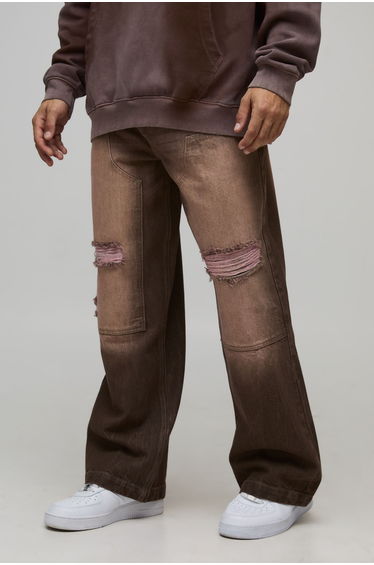 Wide Leg Washed Ripped Carpenter Rigid Denim Jeans - brown