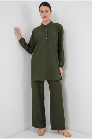 Linen Tunic Trousers Double Set - Khaki