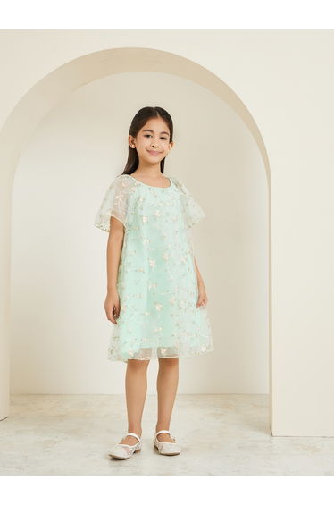 Girls Green Mesh Floral Embroidered Dress