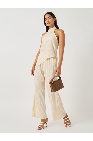 Textured Halter Neck Asymmetric Hem Top and Wide Leg Pants Co-Ords