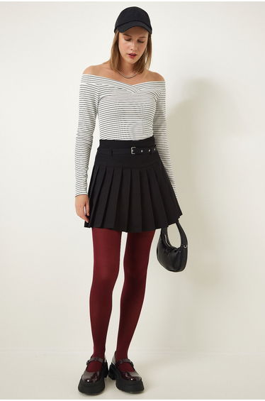 Women's White Asymmetric Collar Striped Wrap Knitted Blouse