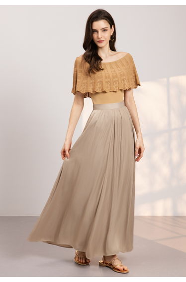 Folded Off-Shoulder Pointelle Knit Top in Tan for Lakeside Picnic & Garden Visit