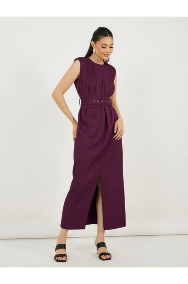 Pleated Front Sleeveless Shift Maxi Dress with Belt