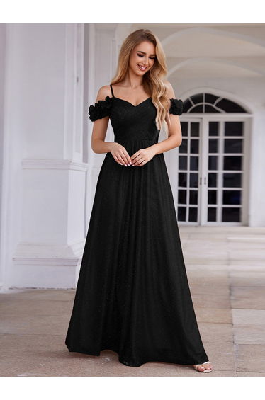 ever AYLANI|Sparkling V-Neck Floral Cold-Shoulder Evening Dress with Pleated