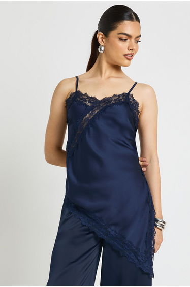 Satin Lace Contrast Longline Cami - navy