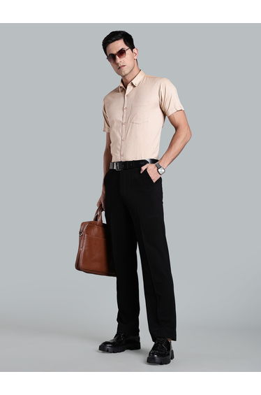 Men Beige Short Sleeve Oxford Shirt
