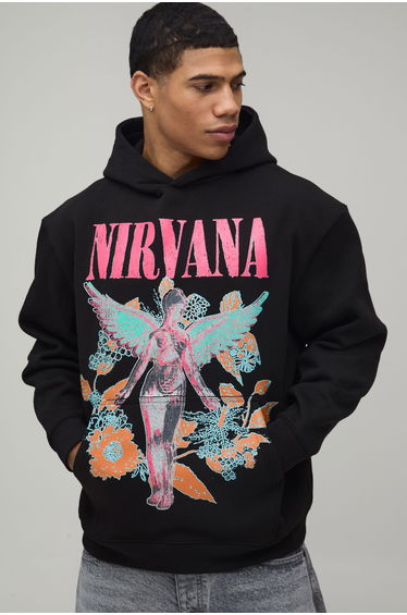 Nirvana Floral Oversized License Print Hoodie - black