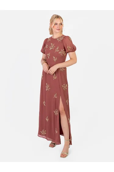 Maya Copper Rose Embellished Short Sleeve Maxi Dress with Open Back