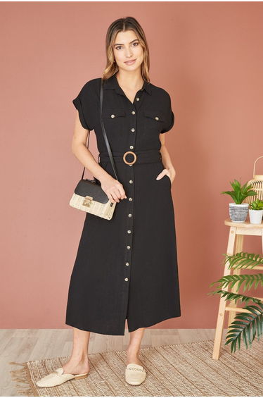 Yumi Black Viscose Linen Look Shirt Dress With Wooden Belt