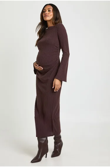 فستان بوهو بني ميداكسي بقصة مستقيمة- للحوامل