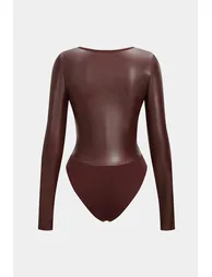 Faux Leather Patchwork Round Neck Long Sleeve Bodysuit - 1