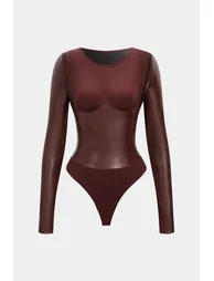 Faux Leather Patchwork Round Neck Long Sleeve Bodysuit