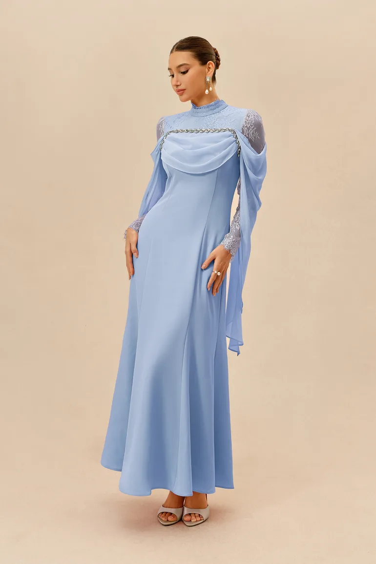 Elegant Attitude Blue Rhinestone Trim Lace Sleeve Maxi Dress - 3