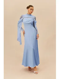 Elegant Attitude Blue Rhinestone Trim Lace Sleeve Maxi Dress