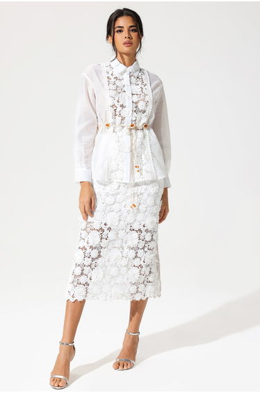 Margaud Lace Cut-Out Slit Dress Suit White in White