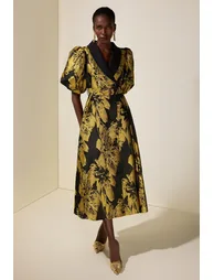 Jacquard Puff Sleeve Single Breasted Midi Dress With Belt - 4