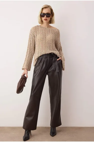 Stone Special Yarn Openwork/Hollow Out Boat Neck Knitwear Sweater