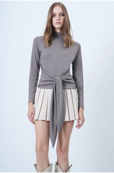 Women's Mink Mock Neck Waist-Tied Blouse