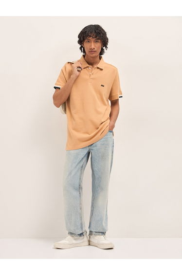 Men Pure Cotton Textured Flat Knit Slim Fit Polo