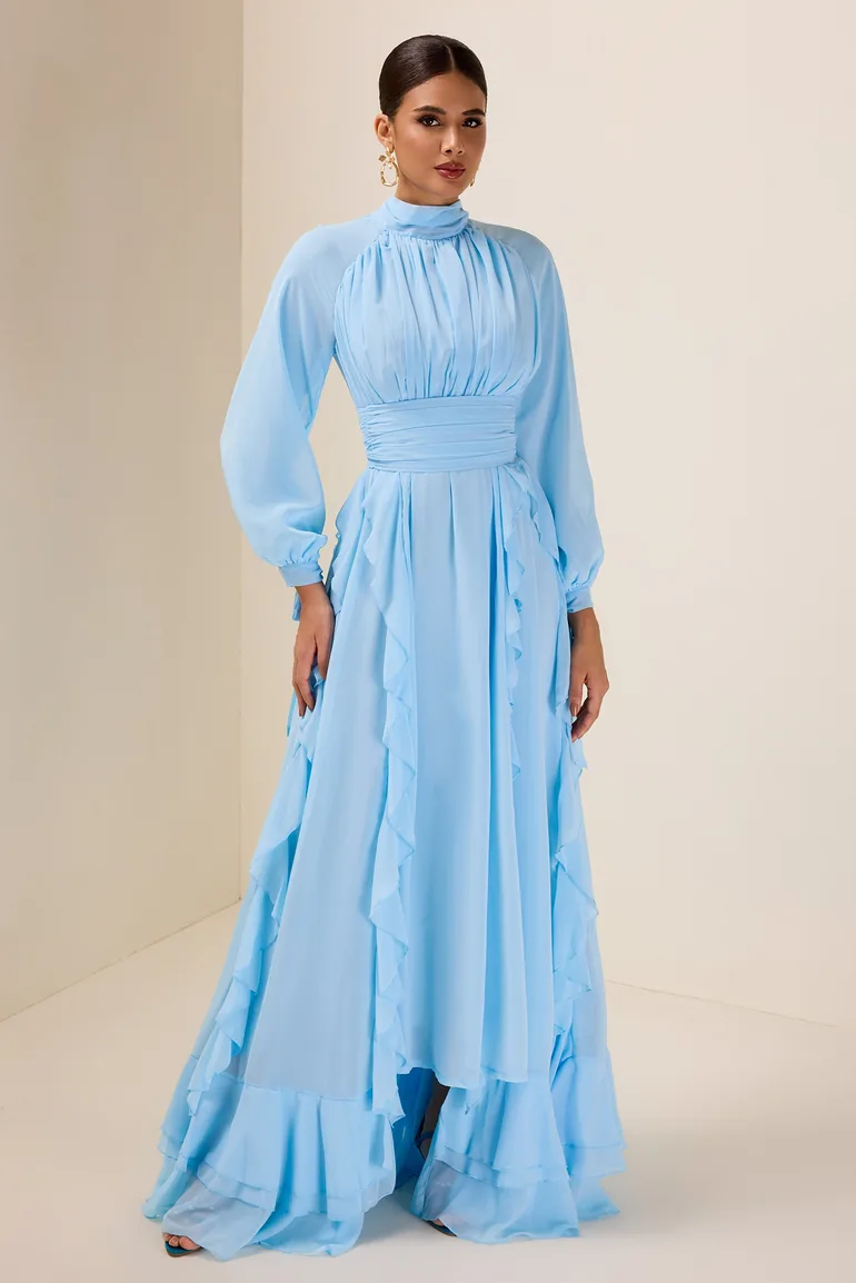 Valrienne Stand Collar Maxi Dress in Blue JardinVue Blue : Premium Dresses  : VogaCloset Oman