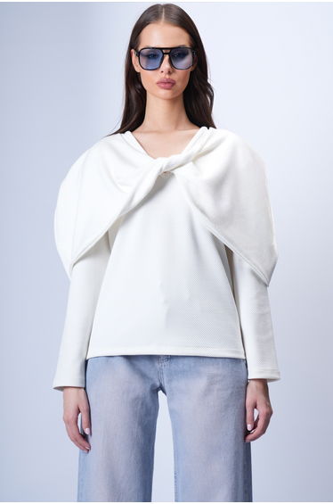 Women's Ecru V-Neck Knitted Blouse with Twisted Front and Fixed Shawl