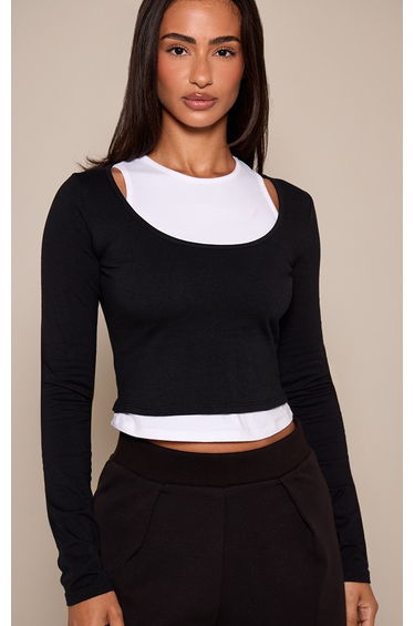 Petite Black Contrast Detail Double Layer Long Sleeve Top