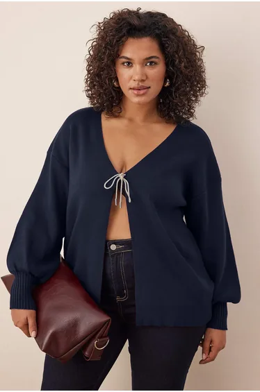 Navy blue bow/ribbon detailed knit cardigan