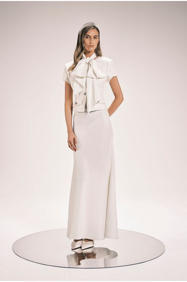 Boucle Tailored Tie Neck Satin Mix Midi Dress