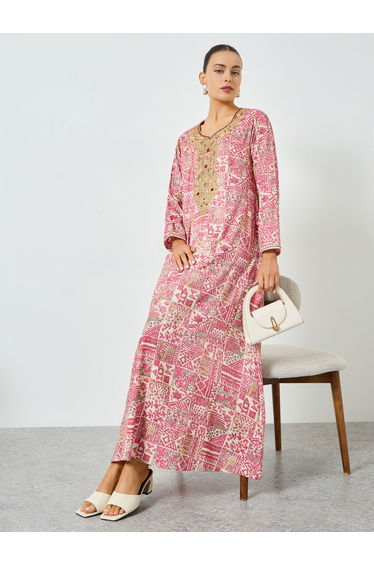 Pink Printed Embroidered A-Line Jalabiya