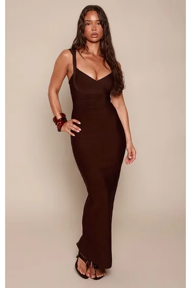 Chocolate V Neck Strappy Bandage Maxi Dress