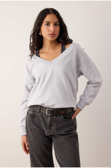 Kar melange double layered off-shoulder knitted sweatshirt