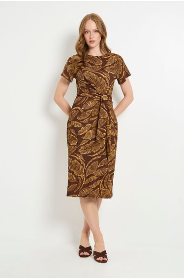 Palm Jersey Knot Side Column Midi Dress