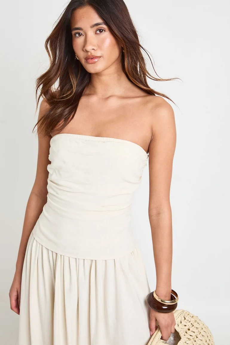 Premium Linen Bandeau Midaxi Dress - neutral - 3