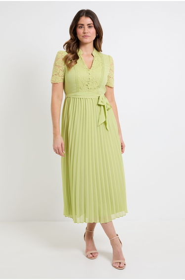 Lace Collarless Pleated Midi Dress