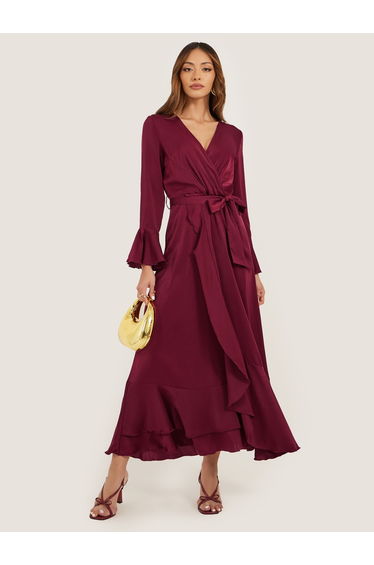 Satin Tie-Up Waist V-Neck A-Line Maxi Dress