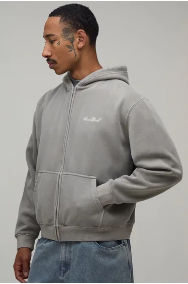 Washed Khaki Oversized Boxy Motor Print Zip Through Hoodie - washed khaki