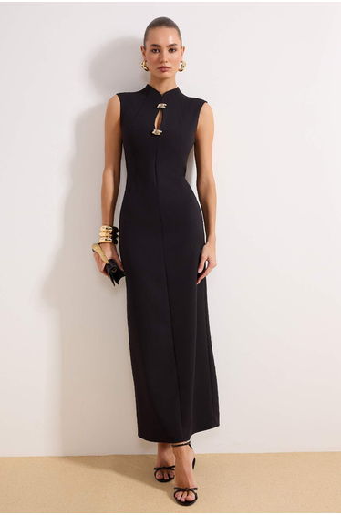 Black Collar Detailed Maxi Woven Evening Dress & Graduation Dress