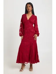 فستان بوهو شيفون أحمر ماكسي بقصة ميرمايد بأكمام طويلة بطبعة أزهار