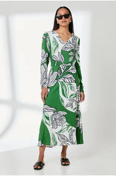 فستان ميدي بياقة V بطبعة أزهار لون أخضر