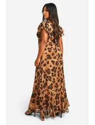 Plus Leopard Chiffon Ruffle Sleeve Maxi Dress - leopard - 1