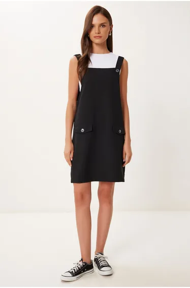 Women's Black Mini Woven Overall Dress