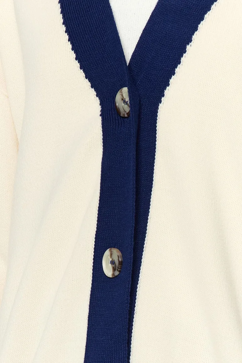 Navy Blue Striped Cardigan-Pants Knitwear Suit - 4