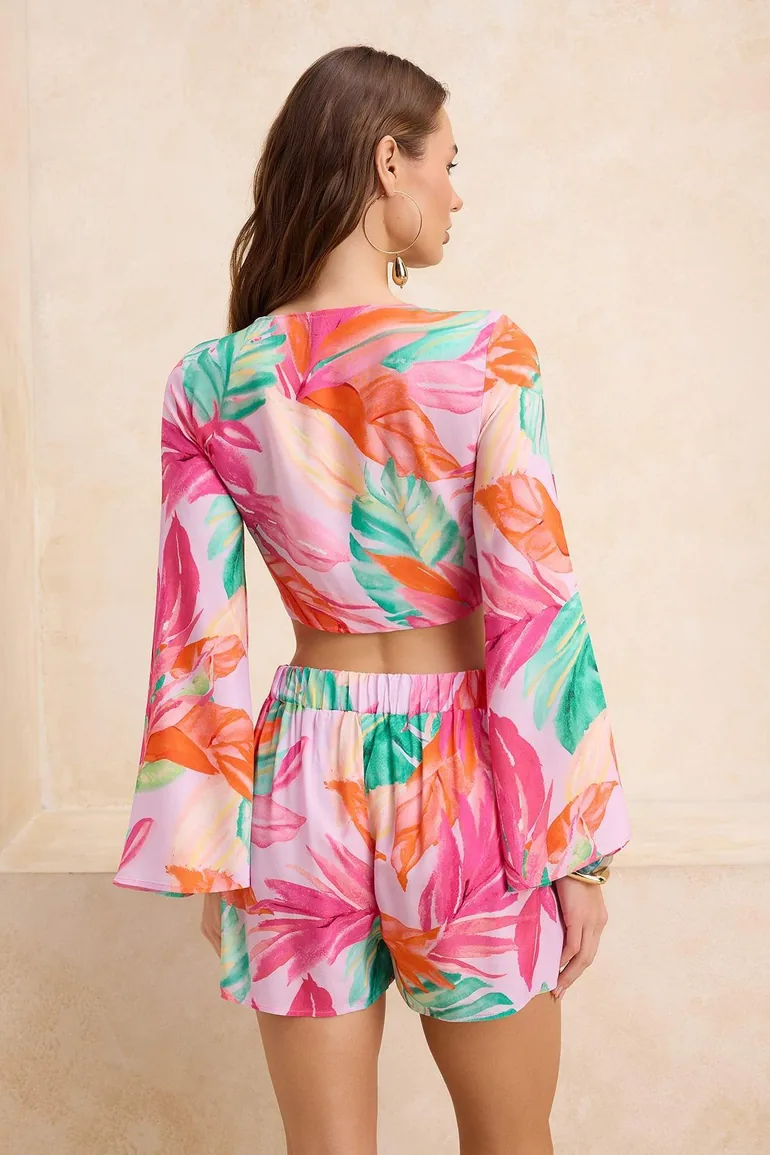 Tropical Patterned Woven Tie Detail Beach Blouse Shorts Set - 3