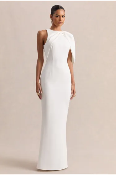 Quira | White Asymmetric-Neck Maxi Dress With Cape-Sleeve