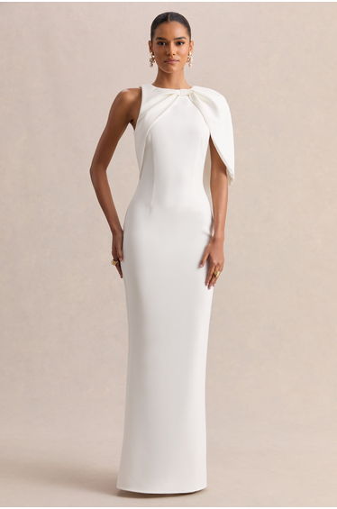 Quira | White Asymmetric-Neck Maxi Dress With Cape-Sleeve