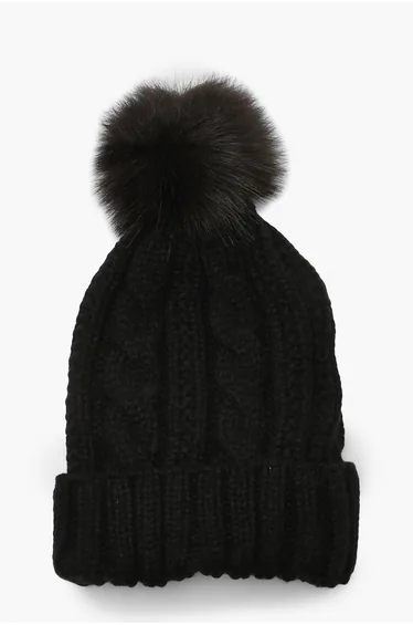 Cable Knit Faux Pom Beanie - black