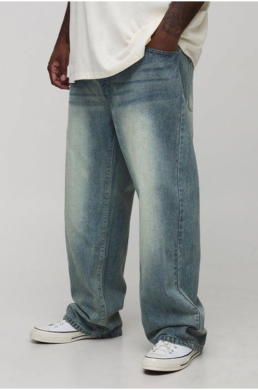 Plus Straight Leg Extreme Washed Woven Tab Jeans - blue